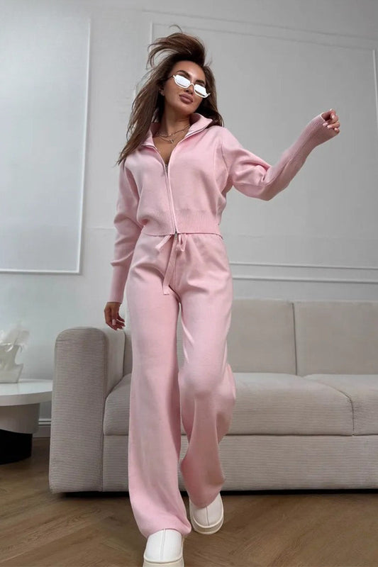 Long Sleeve Zippered Cardigan Knit Set