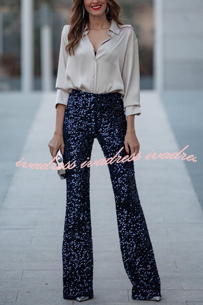 Diva Sequin High Rise Elastic Waist Flare Pants