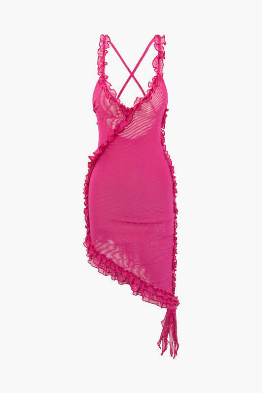 Sheer Mesh Ruffle Trim Asymmetrical Cross Backless Mini Dress
