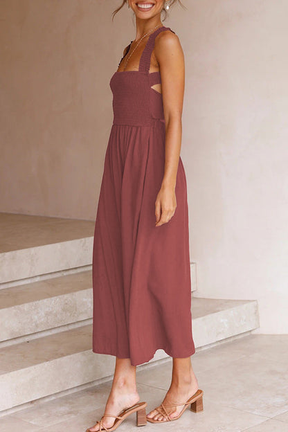 Bendita Pocketed Smocked Cross Back Party Midi Dress