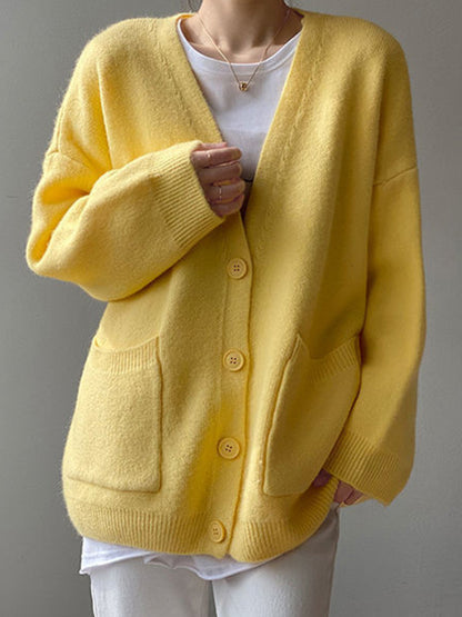 Solid V Neck Breasted Knit Cardigan
