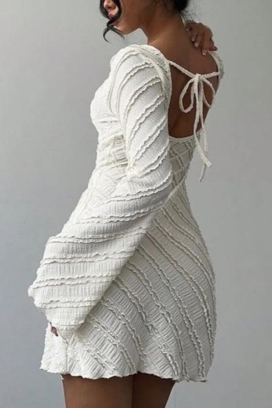 Diagonal Ruffle Textured Boat Neck Bell Sleeve Bodycon Mini Dress