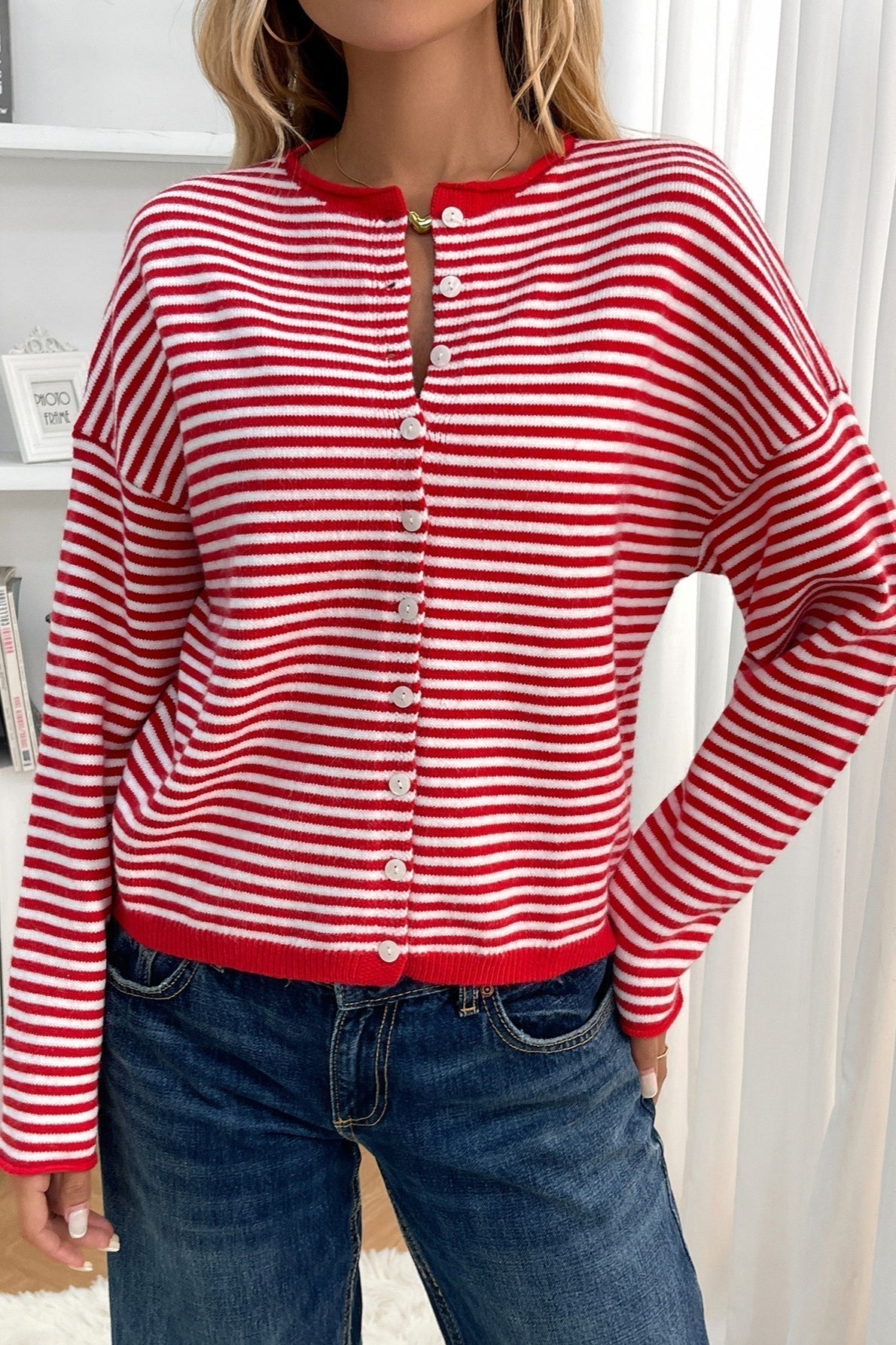 Striped Knit Round Neck Cardigan