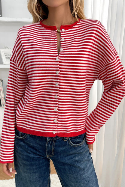 Striped Knit Round Neck Cardigan