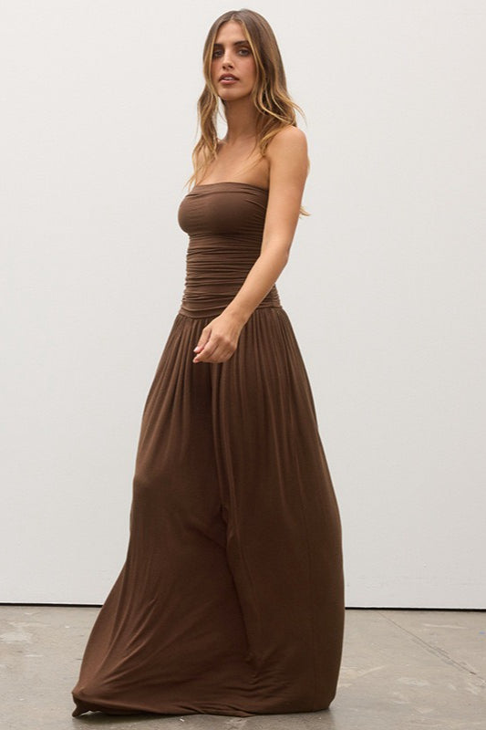 Strapless Ruched Bodice Dropped Waist Flowy Maxi Dress