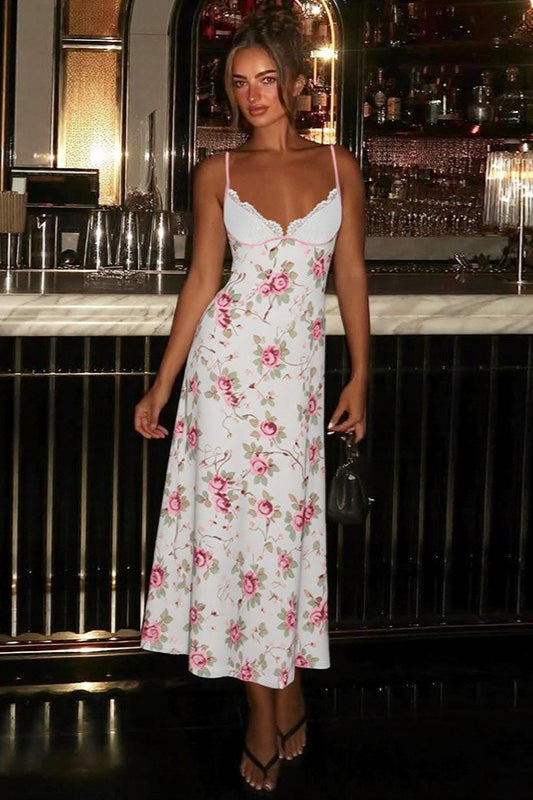 Lace Cup V Neck Floral Print Slip Maxi Dress