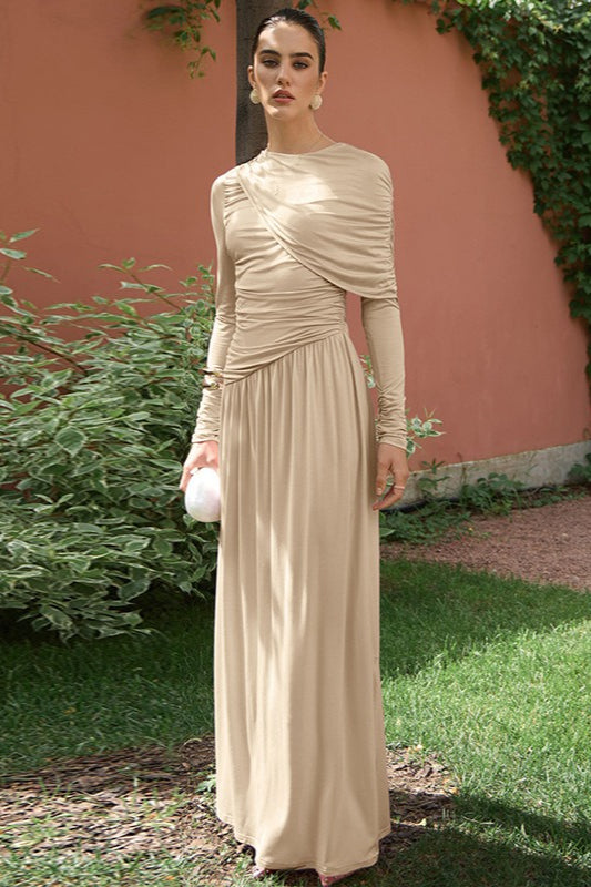 | Ruched High Waist Long Sleeve Maxi Dress