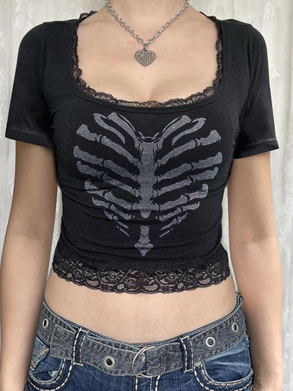 Lace Patchwork Skull Print Black Short Sleeve Tees