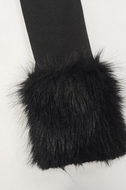 Faux Fur Trim Off Shoulder Long Sleeve A-Line Mini Dress