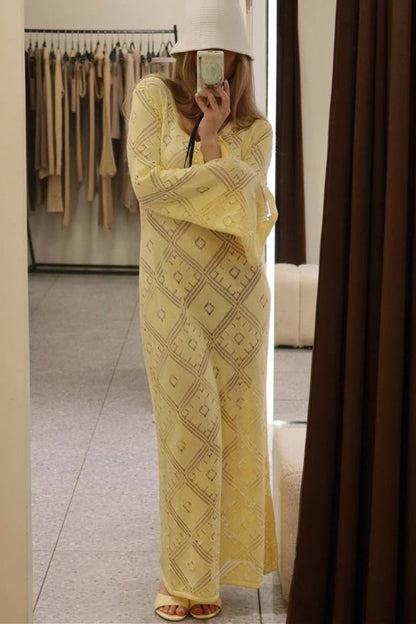 | Knit Argyle Jacquard Long Sleeve Maxi Dress