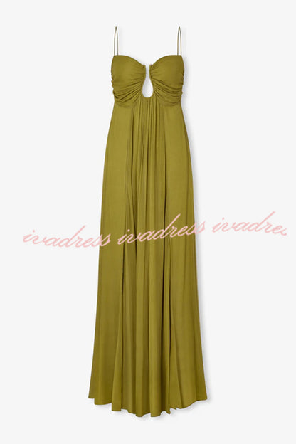 Soft and Elegant Metal Hollow Design Back Smocked A-line Slip Maxi Dress