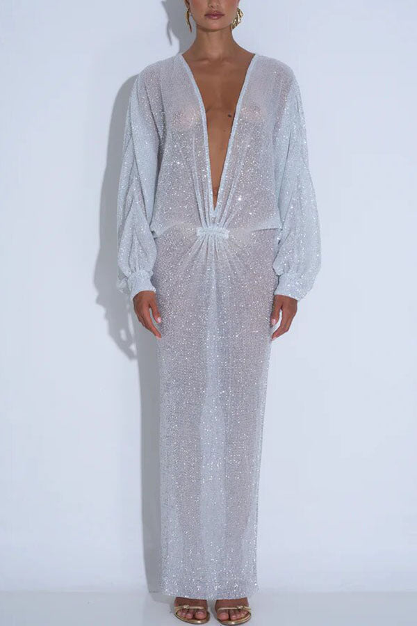 Modern Elegance Sequin Sheer Long Relaxed Sleeve Ruched Drape Maxi Dress