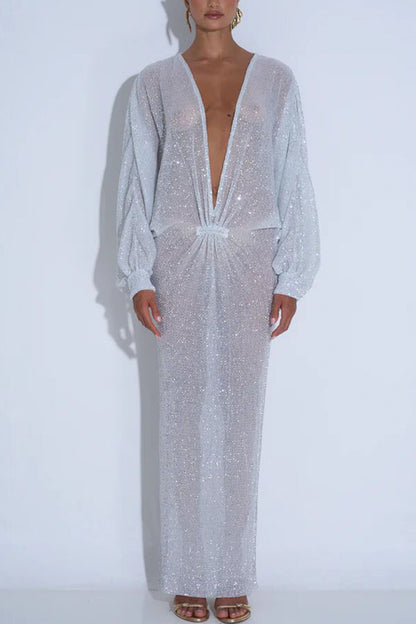 Modern Elegance Sequin Sheer Long Relaxed Sleeve Ruched Drape Maxi Dress