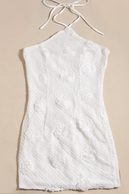 Halter Neck 3D Floral Applique Textured Knit Bodycon Mini Dress