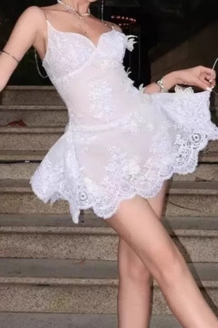 Deep V-Neck Spaghetti Strap Floral Lace Peplum Mini Dress