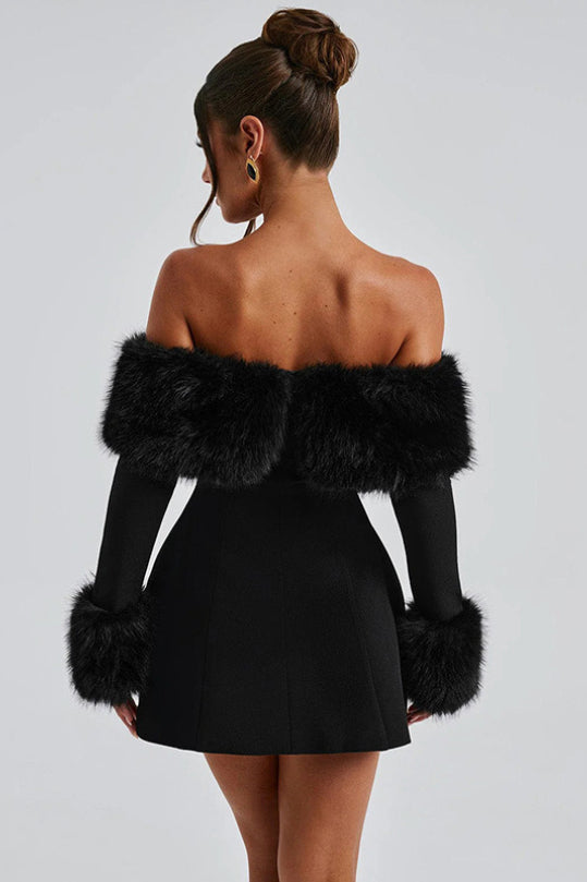 Faux Fur Trim Off Shoulder Long Sleeve A-Line Mini Dress