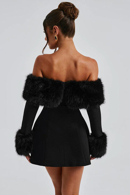 Faux Fur Trim Off Shoulder Long Sleeve A-Line Mini Dress