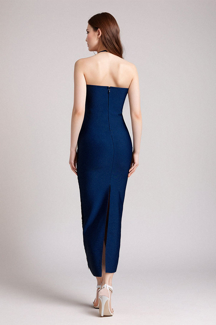 Metallic Fringe Halter Chevron Panel Bodycon Maxi Gown