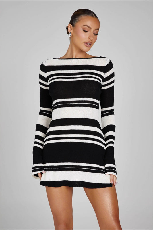Striped Color-Block Knit Bell-Sleeve Backless Sweater Dress