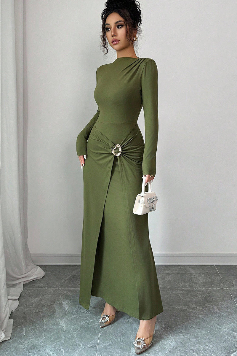 Boat Neck Hammered Metal Buckle Draped Front Slit Maxi Dress