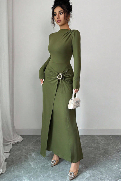 Boat Neck Hammered Metal Buckle Draped Front Slit Maxi Dress