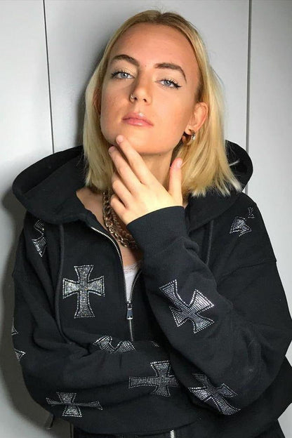 Cross Rhinestone Zip Loose Hoodie