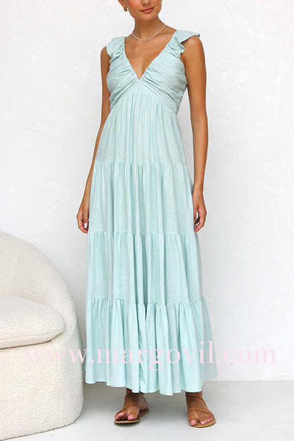 Margovil V Neck Ruffle Trim Tiered Sleeveless Linen Maxi Dress (2 Colors)