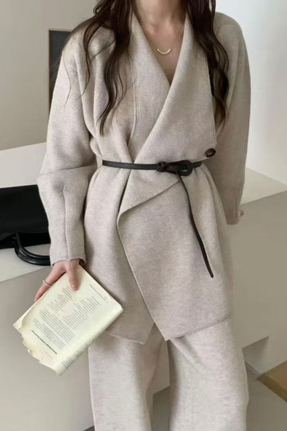 Loose Knit Big Collar Coat Wide-Leg Pants Two Piece Set