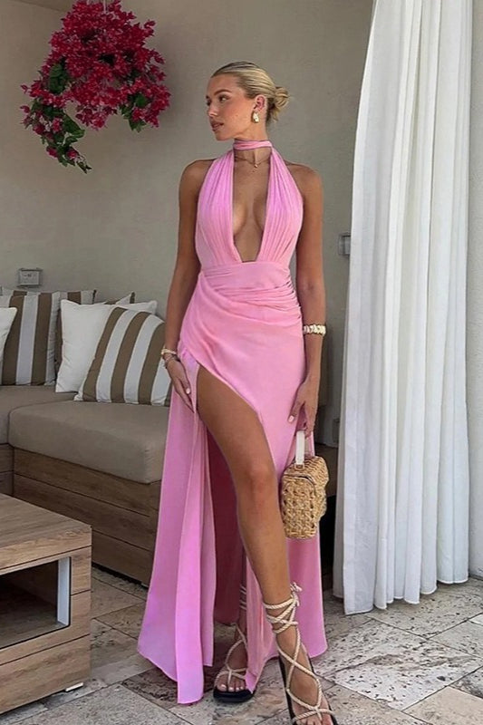 | U Neck Halter Tie Ruched Slit Maxi Dress