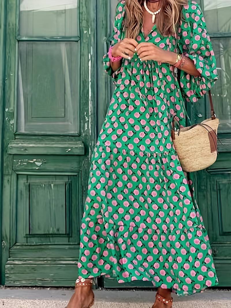 Harlequin Diamond Print Deep V Neck Puff Sleeve Tiered Maxi Dress