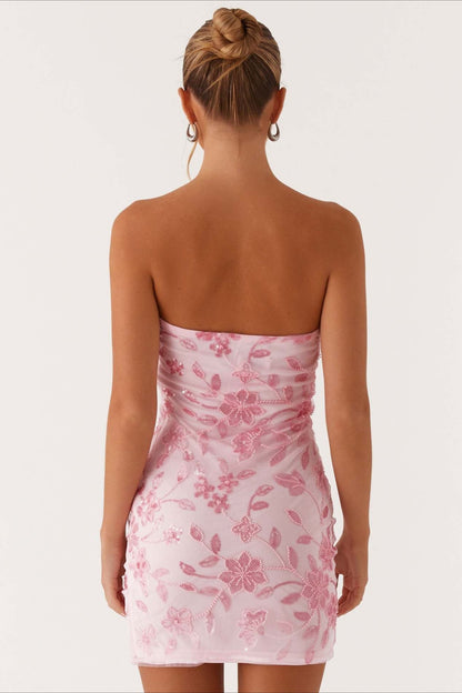 Strapless Floral Embroidered Sequin Mesh Ruched Bodycon Mini Dress