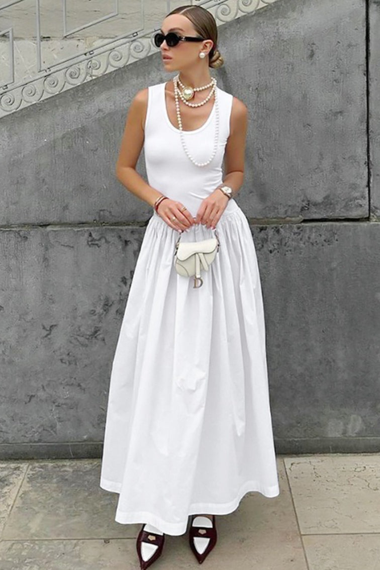 Scoop Neck Sleeveless Fitted Tank Pleated Maxi Skirt Set