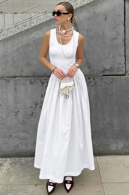 Scoop Neck Sleeveless Fitted Tank Pleated Maxi Skirt Set