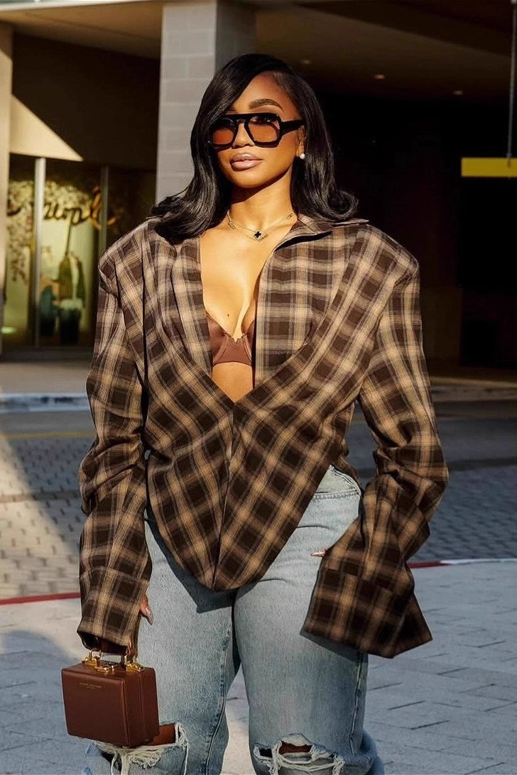 Plaid Collared Asymmetrical Loose Blouse