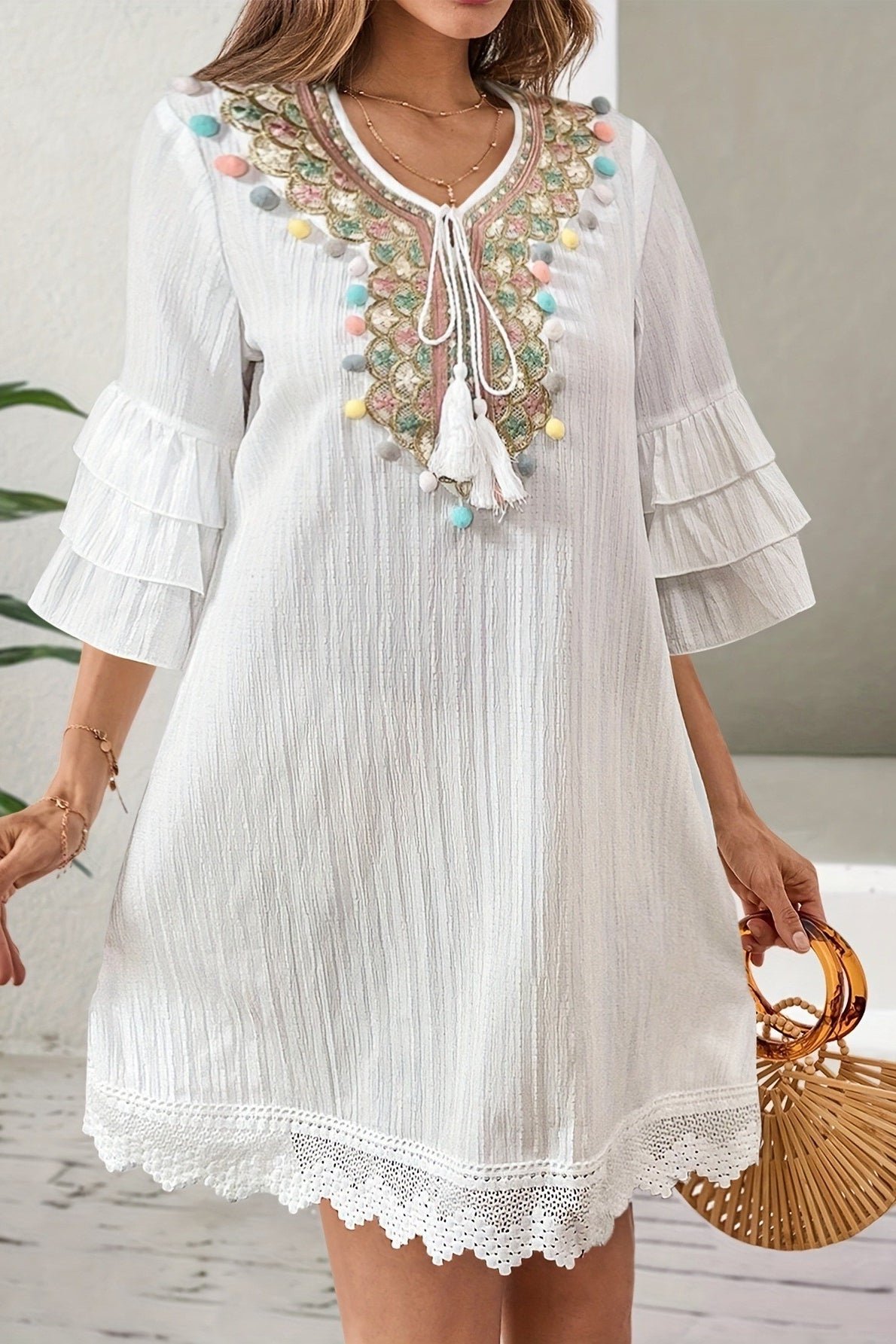 Embroidered V-Neck Tassel Tie Pom Trim Tiered Ruffle Sleeve Lace Hem Mini Dress