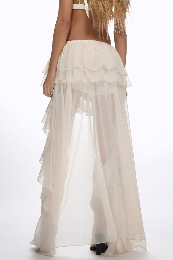 Solid Color Casual Elastic Waist Irregular Ruffle Holiday Skirt