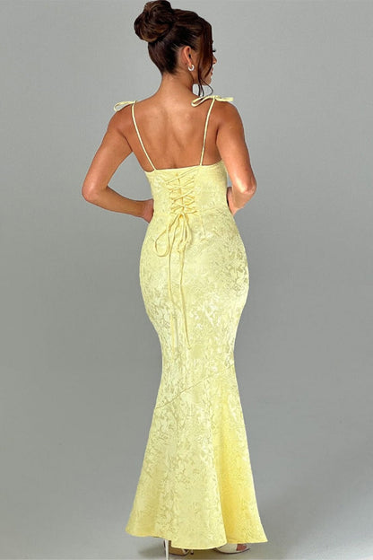 Tie-Shoulder Jacquard Floral Mermaid Maxi Formal Gown