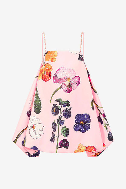 Whimsical Charm Wildflowers Print Embellished Shoulder Straps Bubble Hem A-line Mini Dress