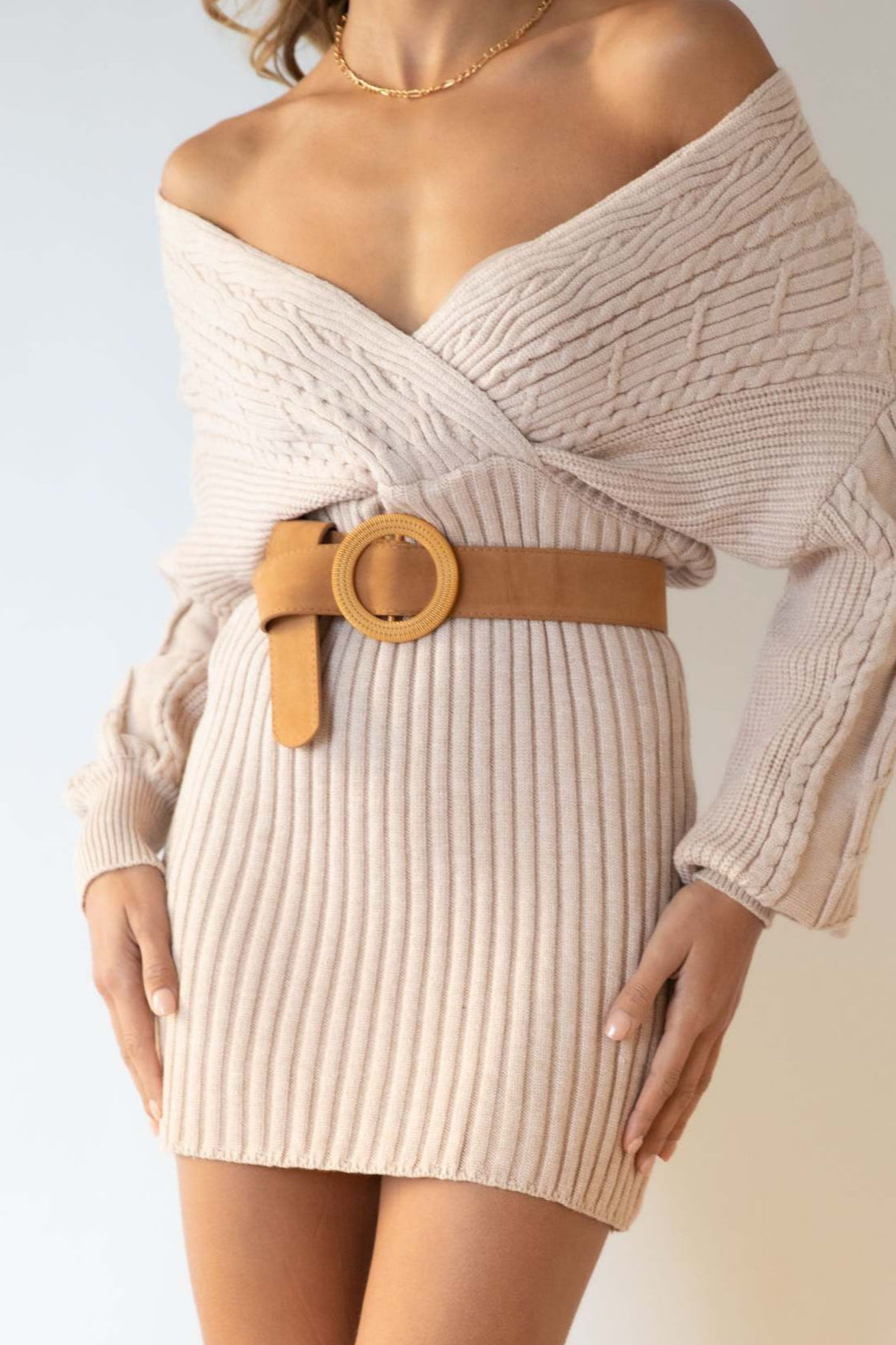 Cable Knit Wrap Front V-Neck Balloon Sleeve Ribbed Mini Sweater Dress