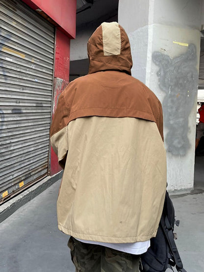 Oversize Embroidery Color Block Zip Up Hooded Jacket