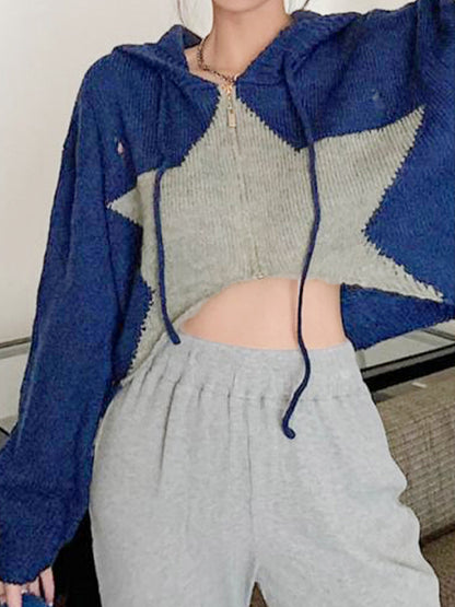 Contrast Color Star Hooded Crop Cardigan