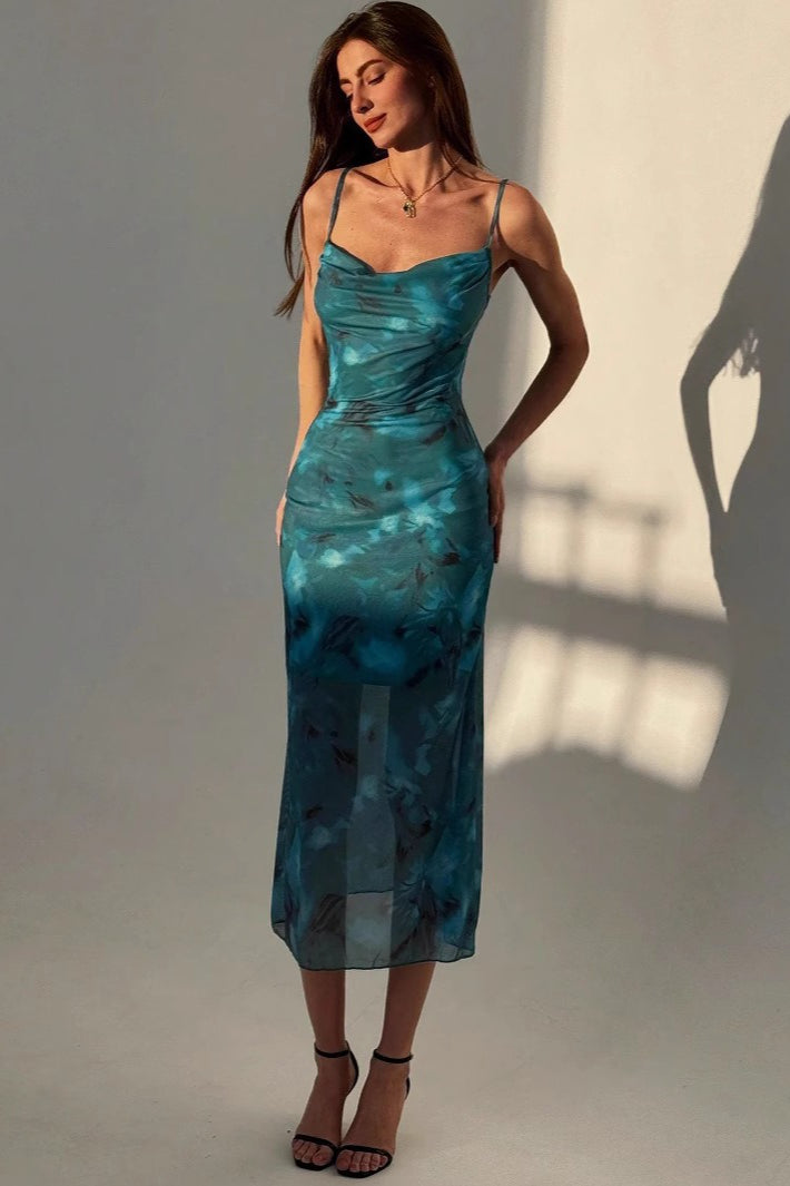 Cowl Neck Spaghetti Strap Abstract Mesh Print Bodycon Midi Dress
