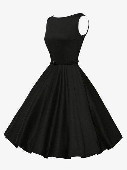 Vintage 1950s Swing Cocktail Dress Women - Sleeveless Boat Neck A-Line Belted Audery Style Midi Gown - Wedding Guest 2026
