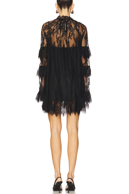 Sexy See-through Lace Loose Long-sleeved Mini Dress