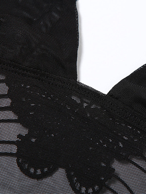 Mesh Butterfly Embroidery Backless Halter Vest