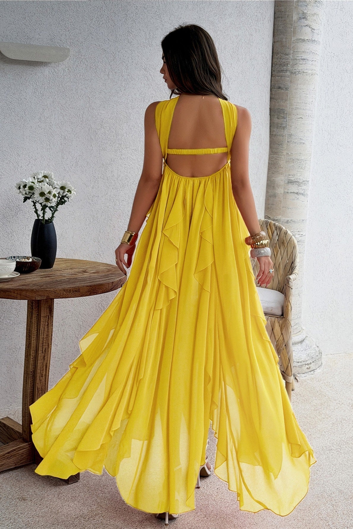 Strapless Ruched Starfish Brooch Cascading Vertical Ruffle Chiffon Maxi Dress
