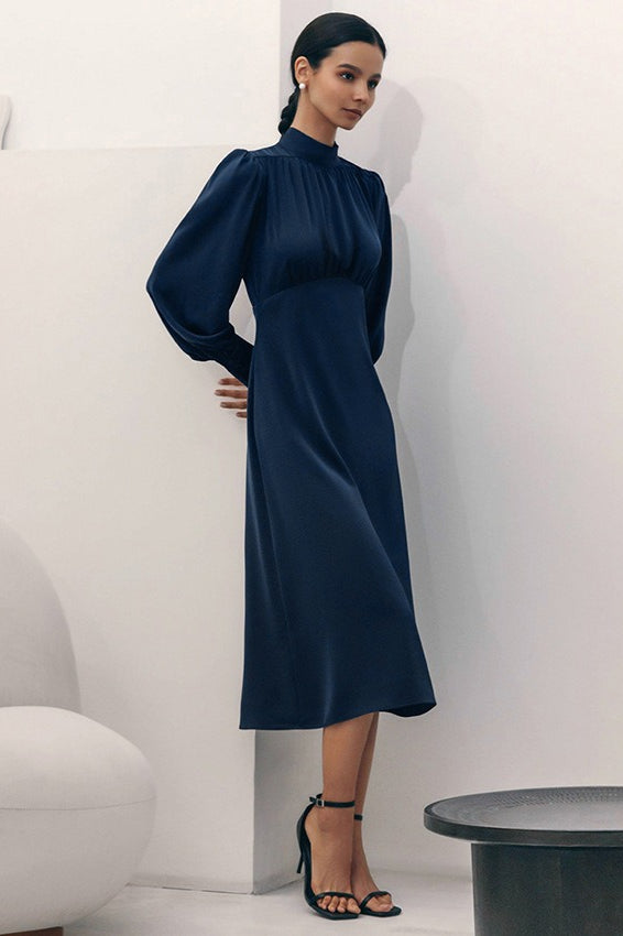 Mock Neck Bishop Sleeve Gathered Bodice High Waist A-Line Midi Dress