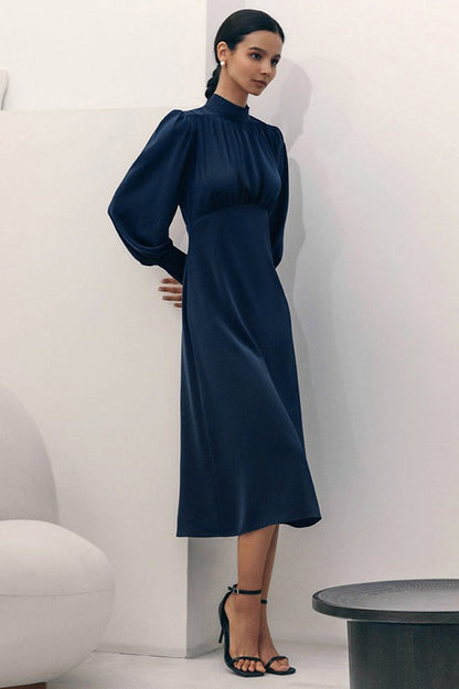 Mock Neck Bishop Sleeve Gathered Bodice High Waist A-Line Midi Dress