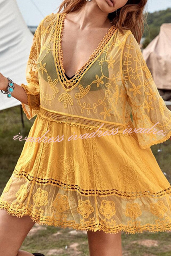 Lace V Neck Hollow Short Sleeved Cover Up