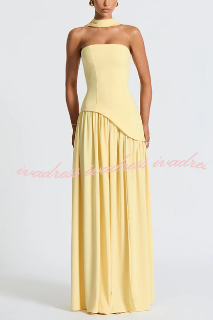 Elegant Off Shopulder Chiffon Pleated Hem Scarf Slit Maxi Dress